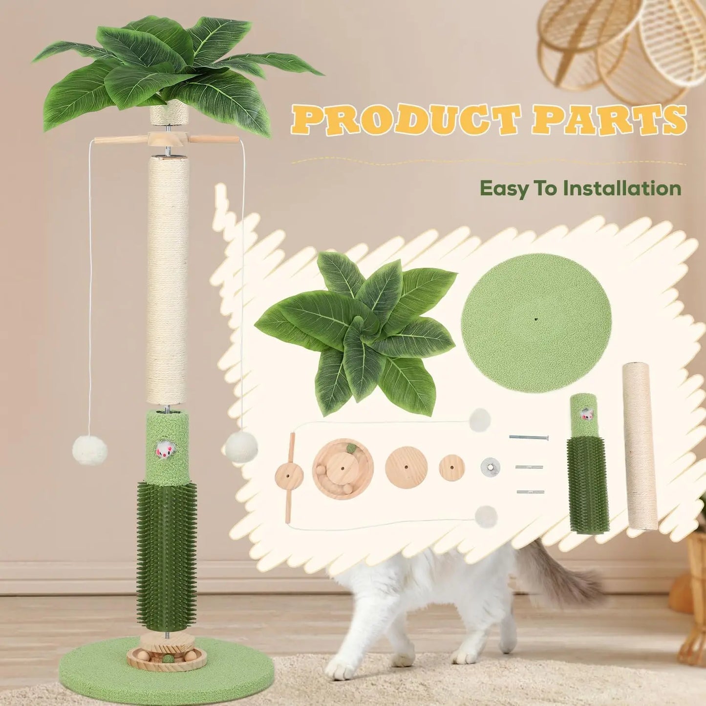 Cat Scratching Post,37.5'' Tall Sisal Cat Tree Scratching Post for Indoor Cat,Cat Scratcher with Cute