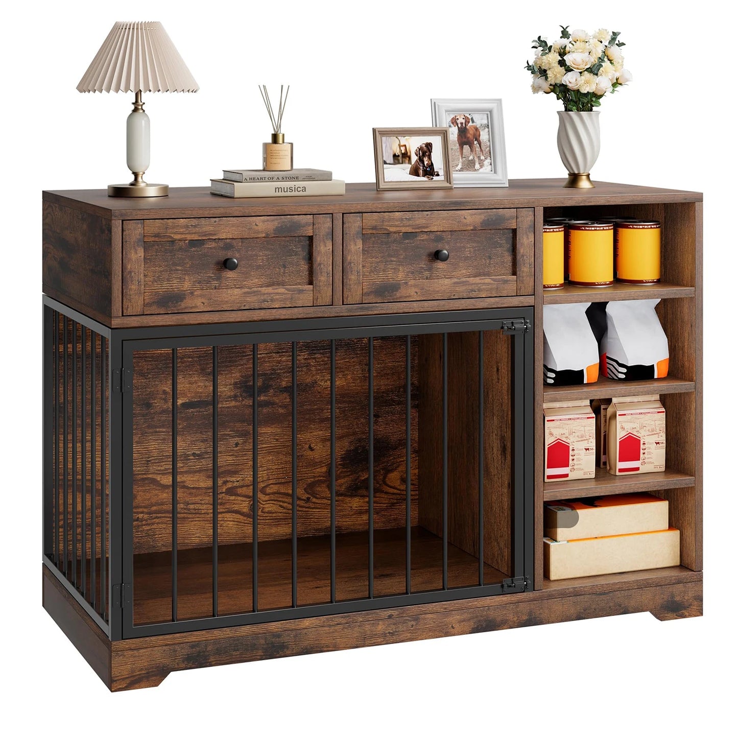 HiMISS Vintage Wooden Dog Crate Furniture TV Stand With Drawers
