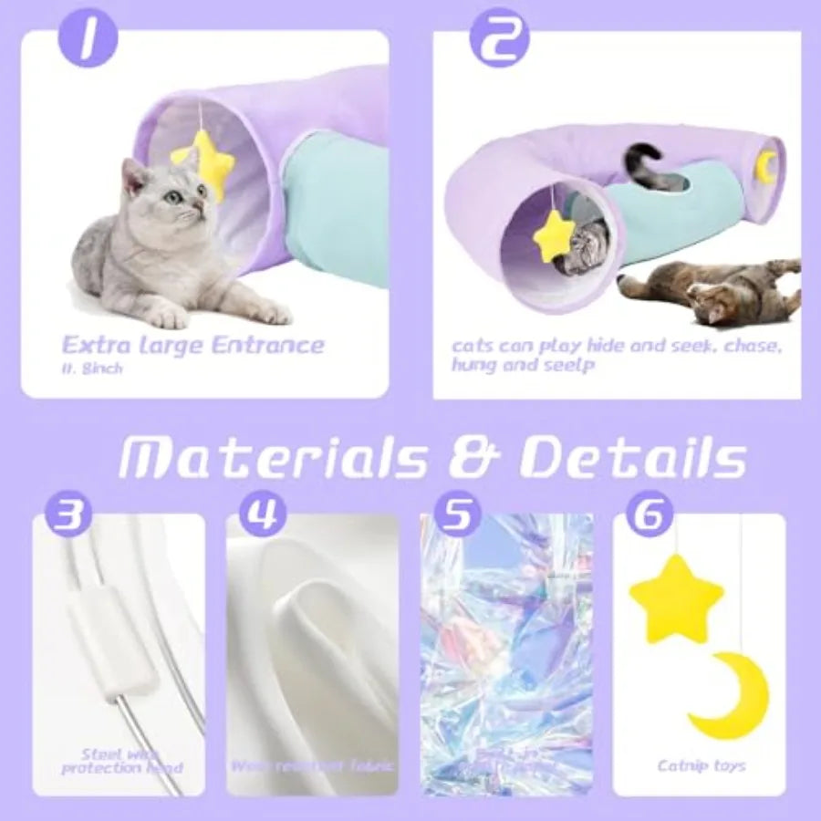 Large Indoor Cat Tunnel with Peek-A-Boo Hole Hanging Toys Crinkly Paper Lining Durable Collapsible Design for Cats Kittens Pupp