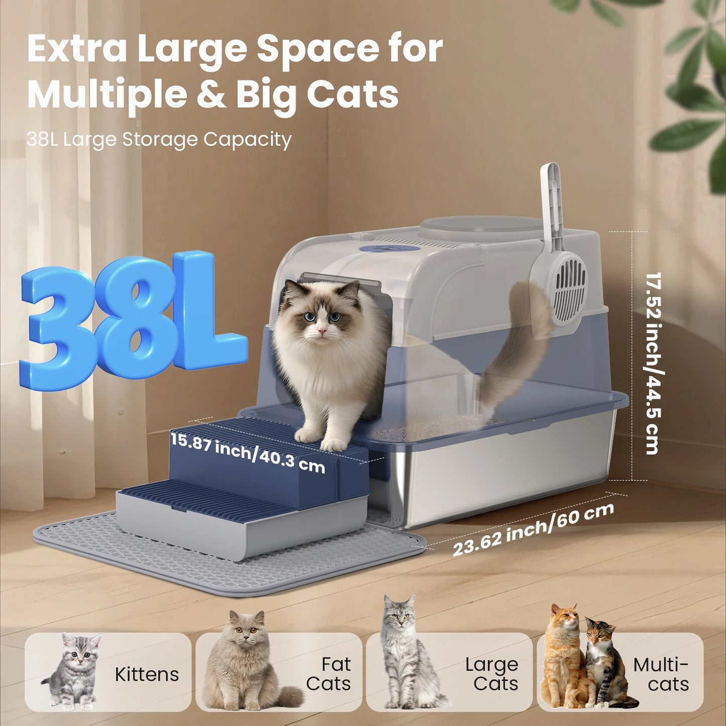 Cityflee Stainless Steel Cat Litter Box Nonstick Lid and Scoop Odor Control
