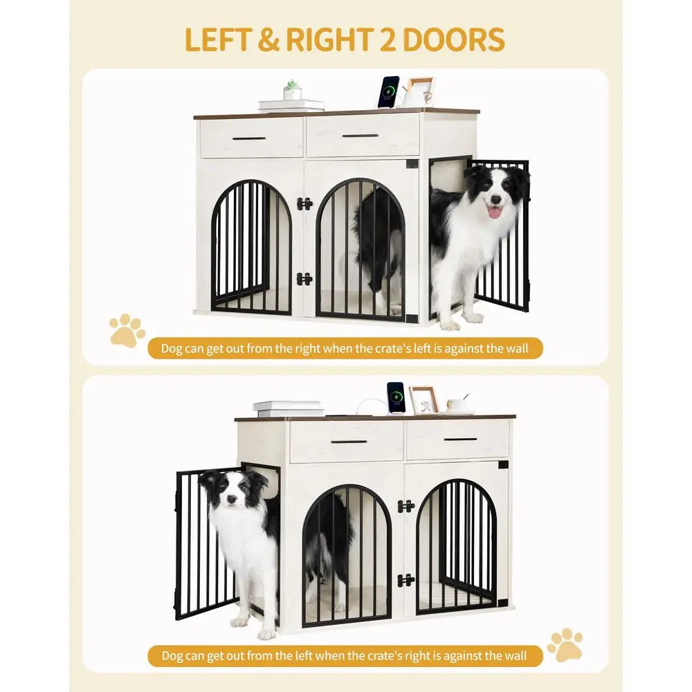 Wooden Dog Crate Furniture With Storage Drawers And Charging Station