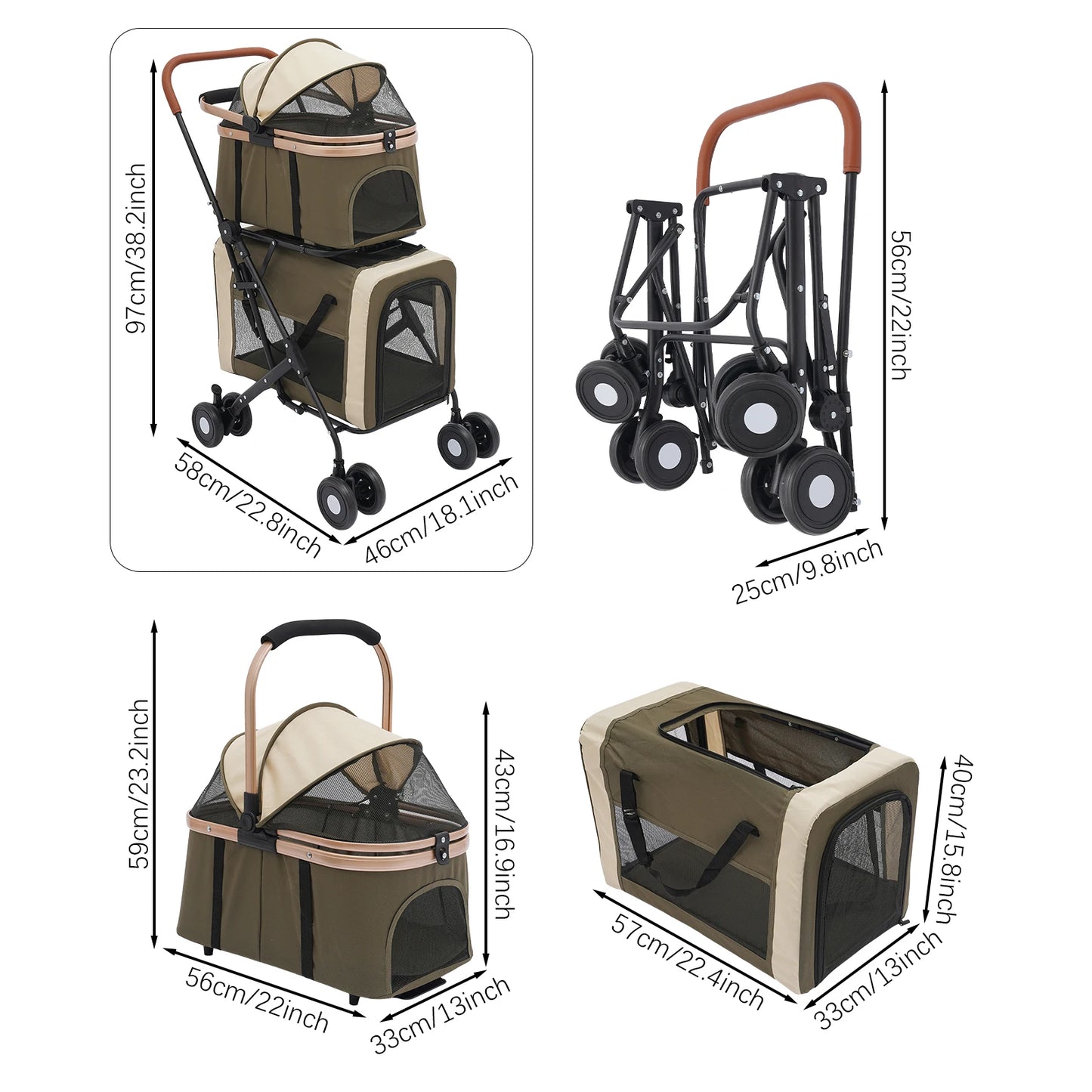(Dark Green) 2-Tier Foldable Pet Stroller, Dog & Cat Carrier, Detachable Pet Stroller for Cats, Small & Medium Dogs, Load 77 lbs