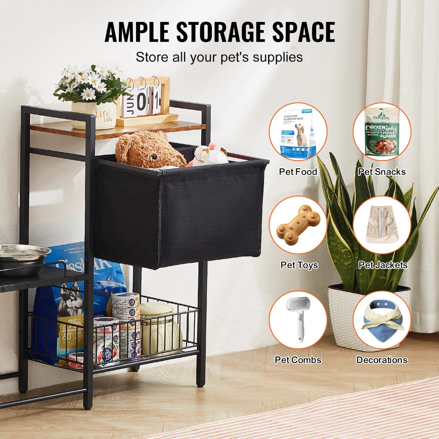 Double Cup Metal Elevated Dog Bowl Station Storage Shelves Organizer