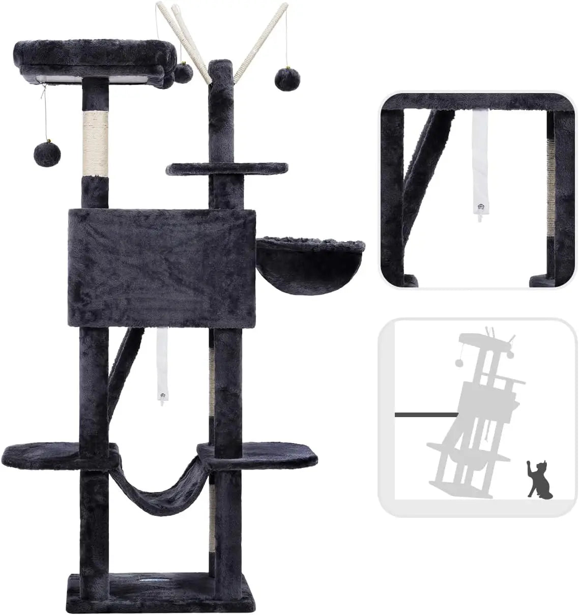 53-Inch Cat Tower with Padded Bed, Cozy Condo, Hammocks & Scratching Posts for Indoor Cats in Smoky Gray
