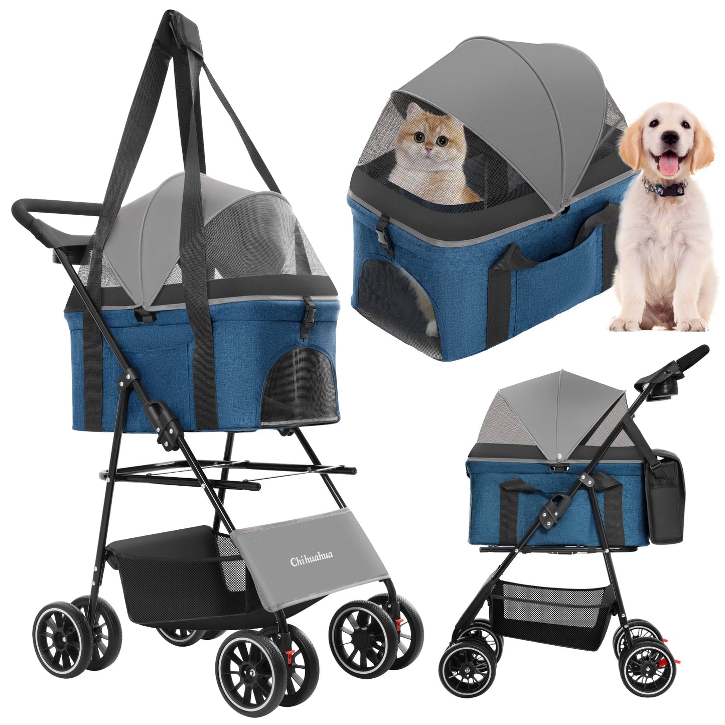 3 in 1 Pet Stroller For Dogs Cats Lightweight And Foldable Bag Detachable External Push Dog Walking Detachable Carrying