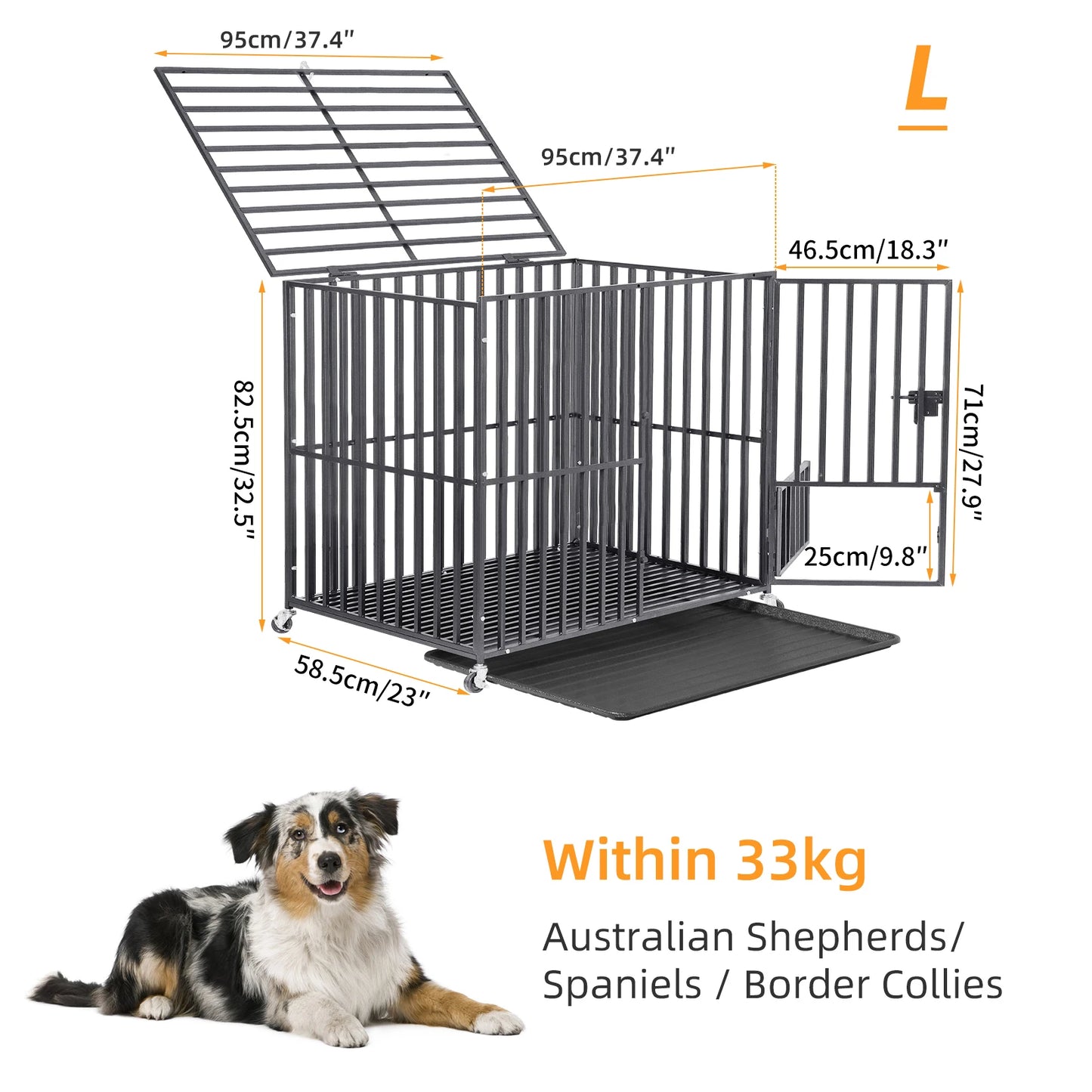 BINGOPAW Heavy Duty Dog Crate With 4 Lockable Wheels And 3 Doors Tray
