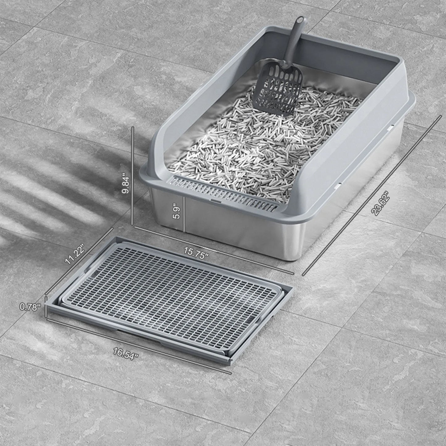 TWISTER.CK Stainless Steel Cat Litter Box With Lid High Sides For Big Cats