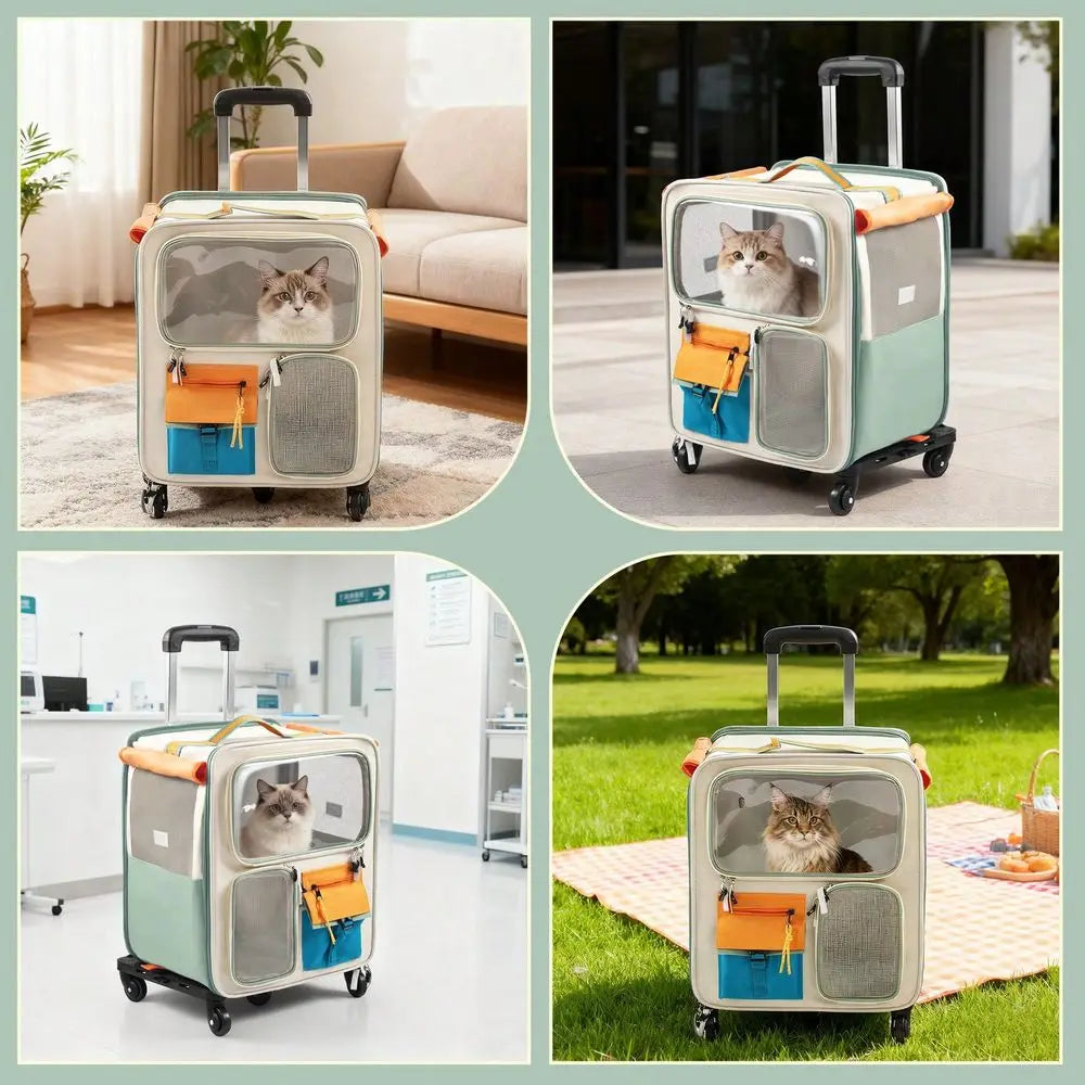 Trolley Pet Cat Bag Cat Carrier With Wheels, Airline Approved Pet Carrier With Telescopic Handle, Polyester Rolling Dog Cat Car