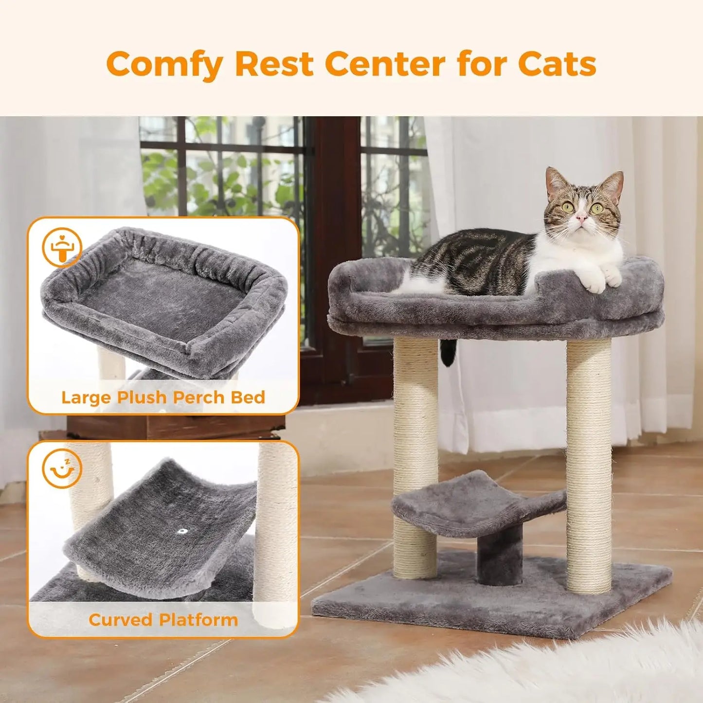 19' Scratching Post, Cat Tree Tower, 100% Natural Sisal Scratcher With Large Plush Top Perch Bed