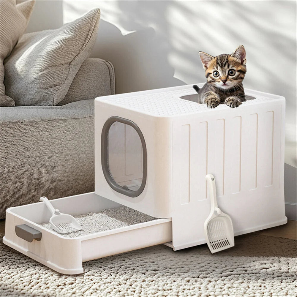 Large Cat Litter Box Enclosed Skylight Drawer With Scoop Covered Tray Pet Toilet
