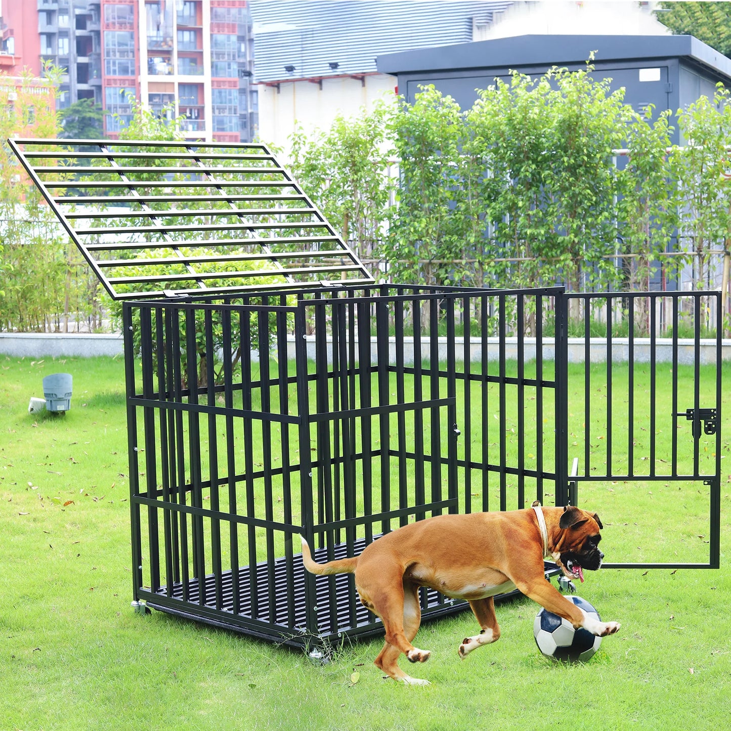 BINGOPAW Heavy Duty Dog Crate With 4 Lockable Wheels And 3 Doors Tray