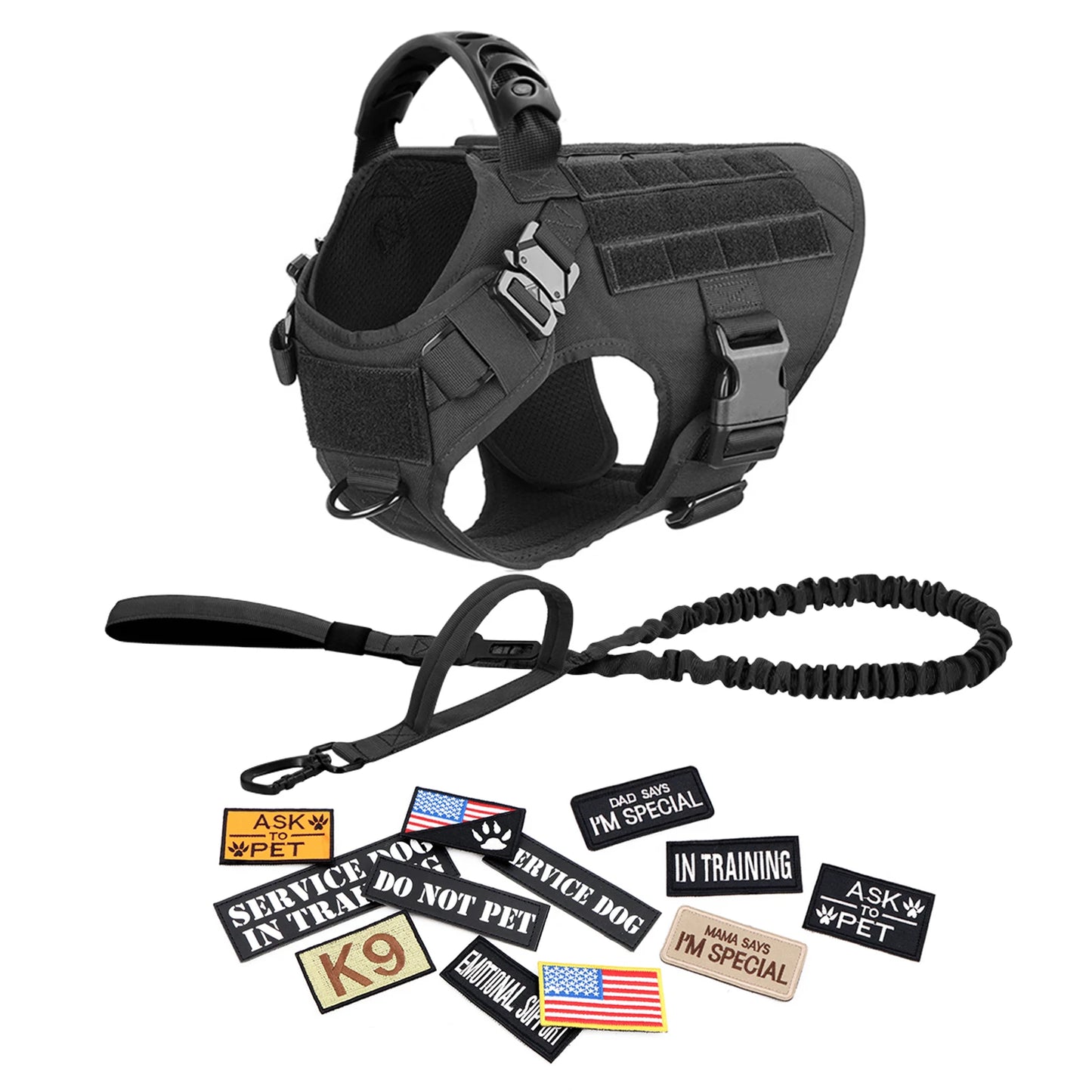 Military Large Dog Harness Collar Leash Bags Patches Set Pet Malinois Training Vests Dogs Harnesses Accessories