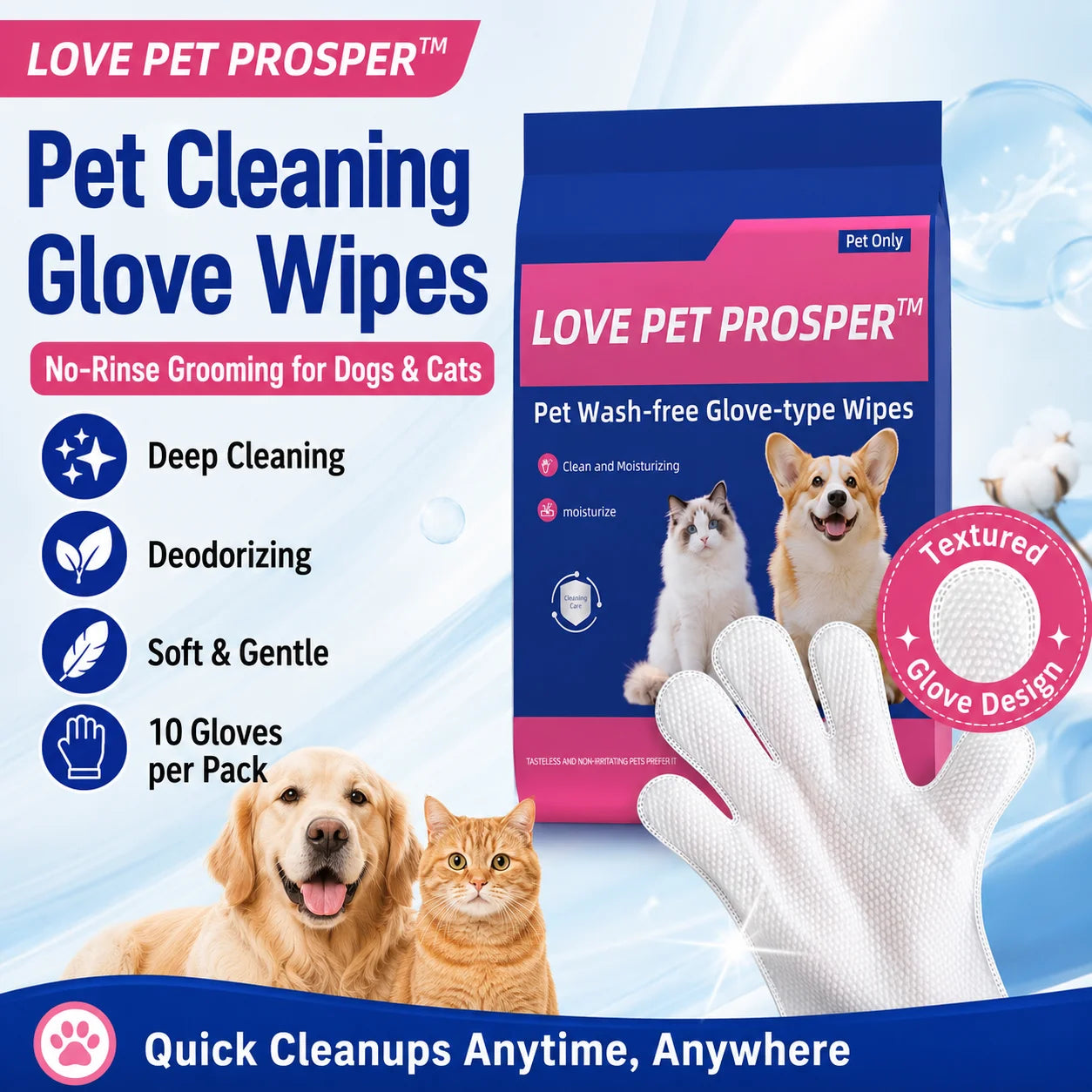 Pet Cleaning Glove Wipes For Dogs And Cats No Rinse