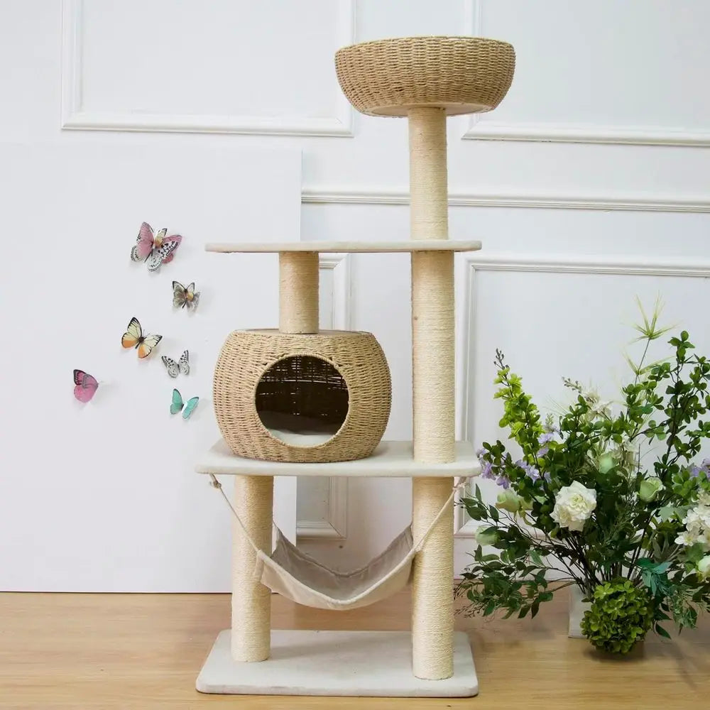 Wood Cat Tree or Indoor Cats, 52.4 Inch Tall, with Scratching Post and Hammock