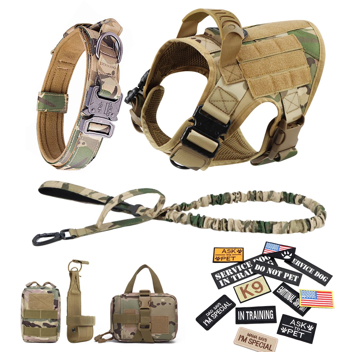Military Large Dog Harness Collar Leash Bags Patches Set Pet Malinois Training Vests Dogs Harnesses Accessories