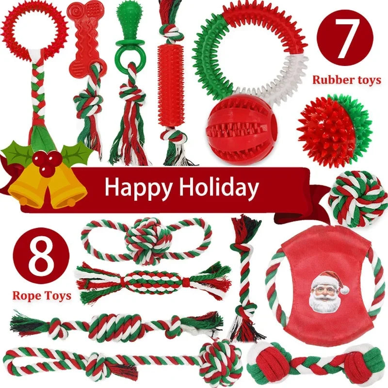 Christmas Dog Toys Bulk 15 Pack, Puppy Chew Toys for Teething Small Medium Puppies Including Variety Tough Rubber and Rope Toys
