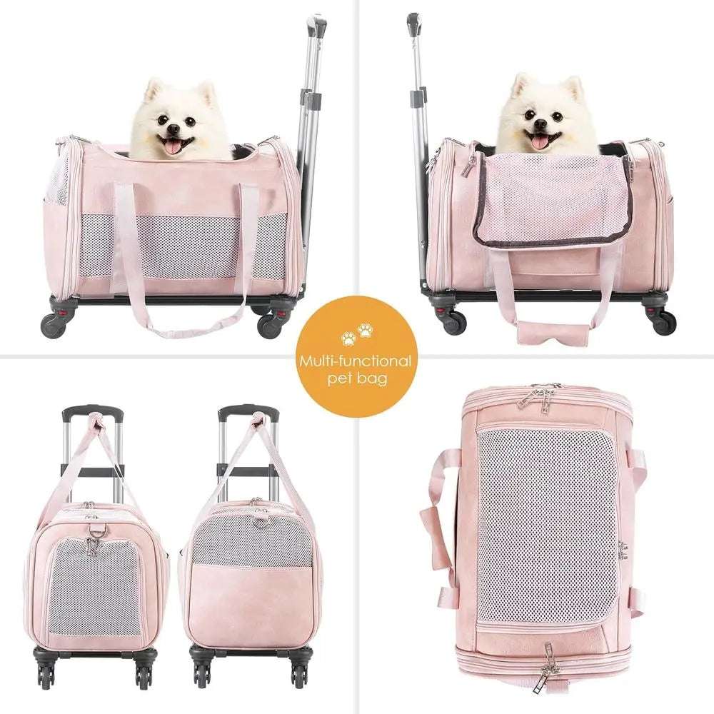 Airline Approved Pet Carrier with Wheels, Rolling Soft Sided Dog Cat Travel Bag, Premium Fashion Leather Small Pet Carrier Purse