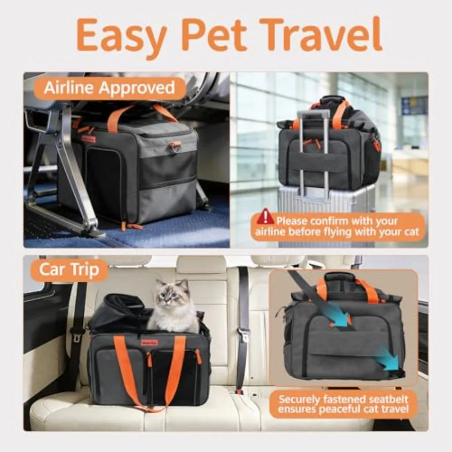 Cat Pet Carrier Soft Sided Bag Airline Approved Foldable Travel Large Carrier for Small Kittens Medium Cats Up to 13 Lbs Expand