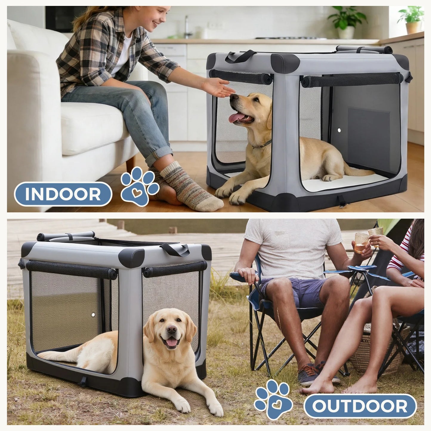 JHK 600D Oxford Foldable Dog Crate With Three Doors Portable Kennel