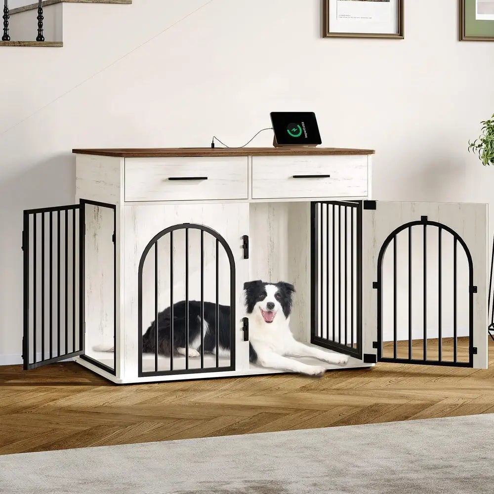 Wooden Dog Crate Furniture With Storage Drawers And Charging Station