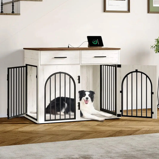 Wooden Dog Crate Furniture With Storage Drawers And Charging Station