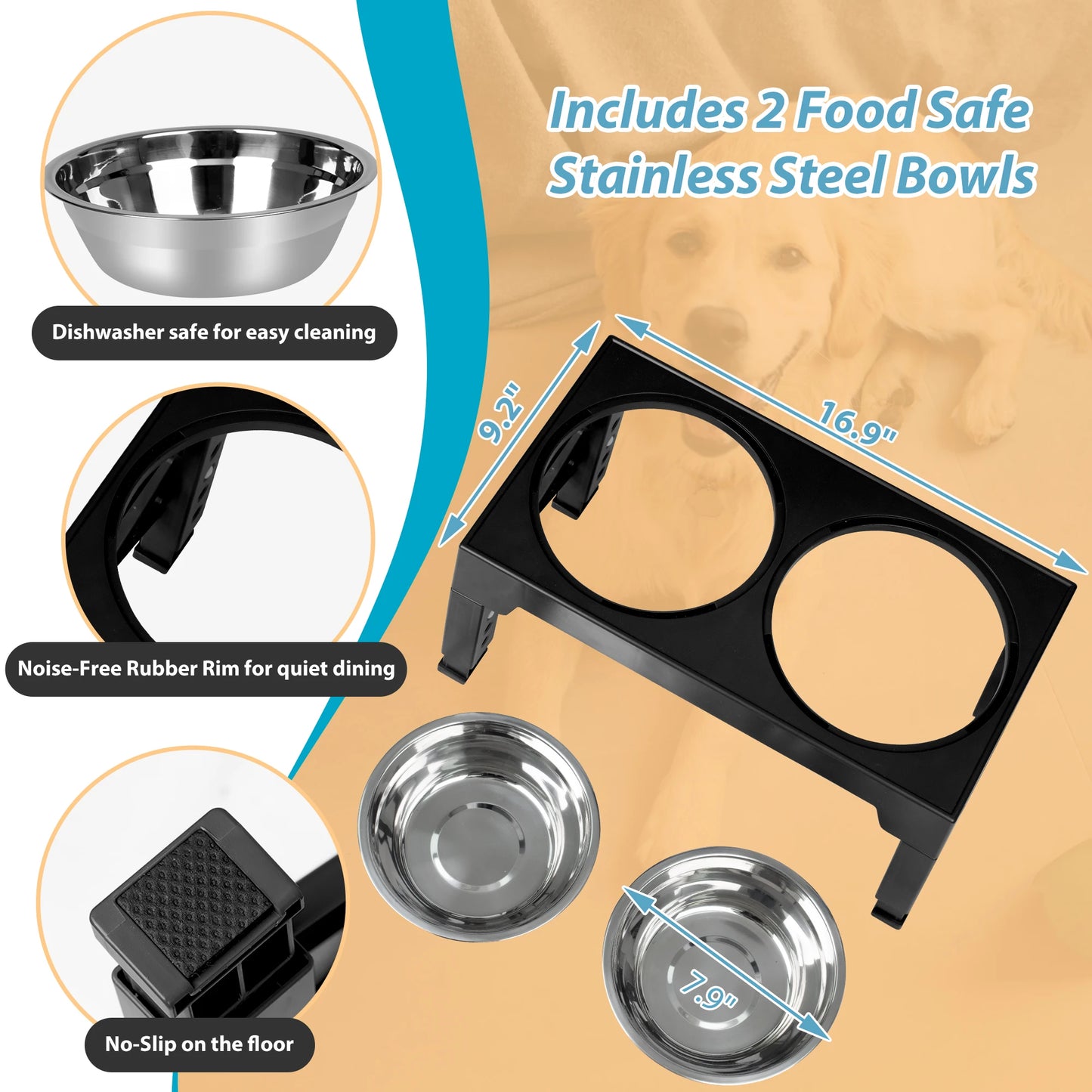 Elevated Dog Feeding Station With Adjustable Heights Stainless Steel Bowls