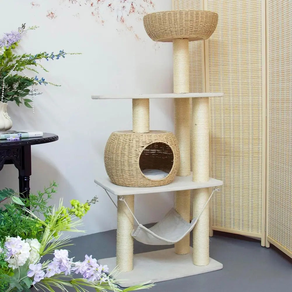 Wood Cat Tree or Indoor Cats, 52.4 Inch Tall, with Scratching Post and Hammock