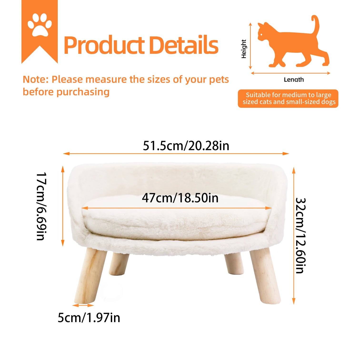 BORWART Soft Elevated Dog Cat Sofa Bed With Removable Cushion