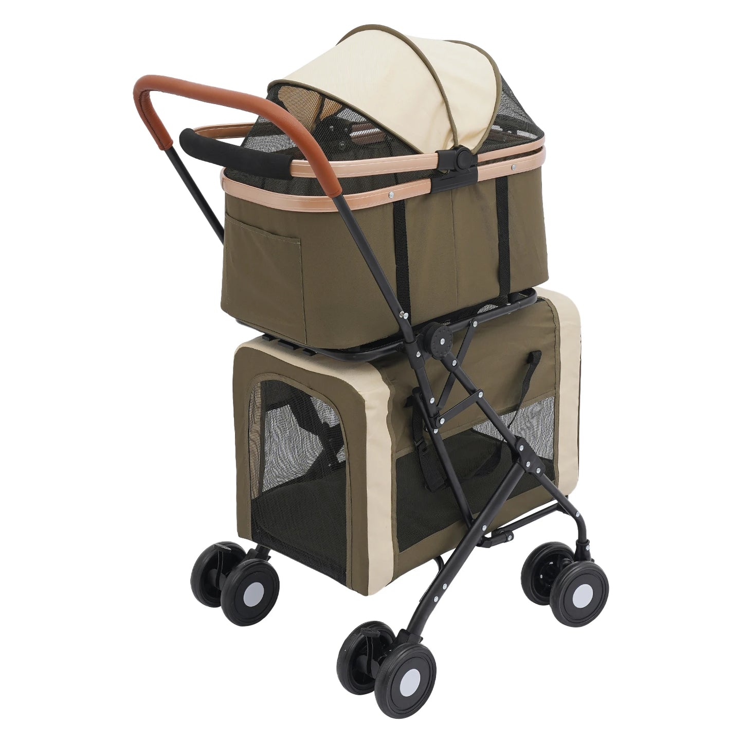 (Dark Green) 2-Tier Foldable Pet Stroller, Dog & Cat Carrier, Detachable Pet Stroller for Cats, Small & Medium Dogs, Load 77 lbs