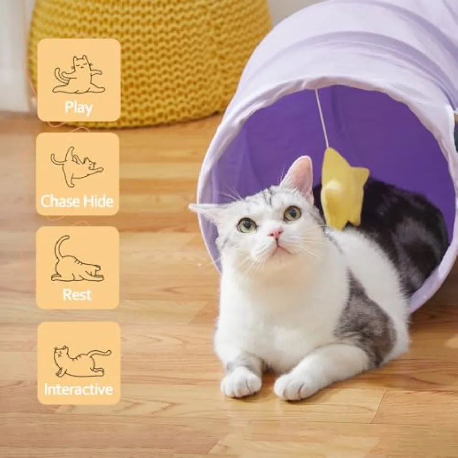 Large Indoor Cat Tunnel with Peek-A-Boo Hole Hanging Toys Crinkly Paper Lining Durable Collapsible Design for Cats Kittens Pupp