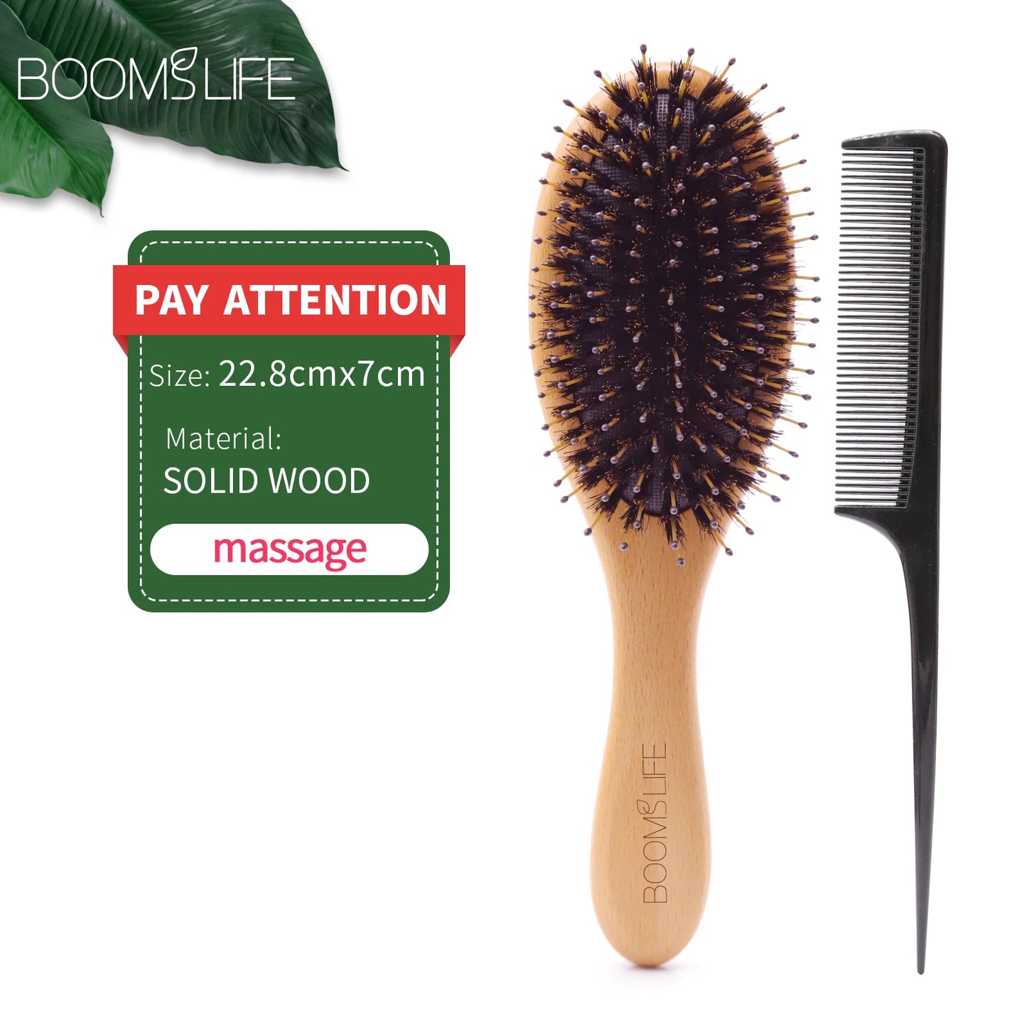 BOOMSLIFE Boar Bristle Hair Brush Anti Static Detangling Wood Comb