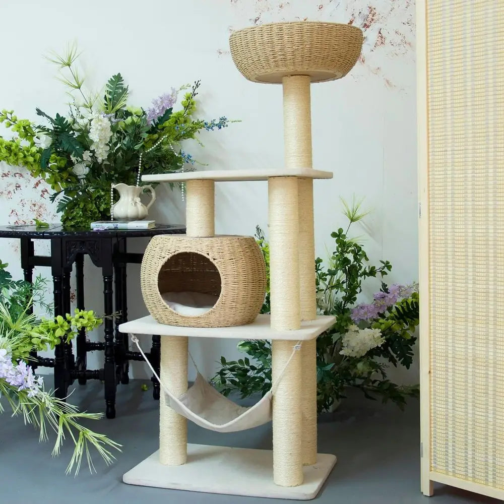Wood Cat Tree or Indoor Cats, 52.4 Inch Tall, with Scratching Post and Hammock