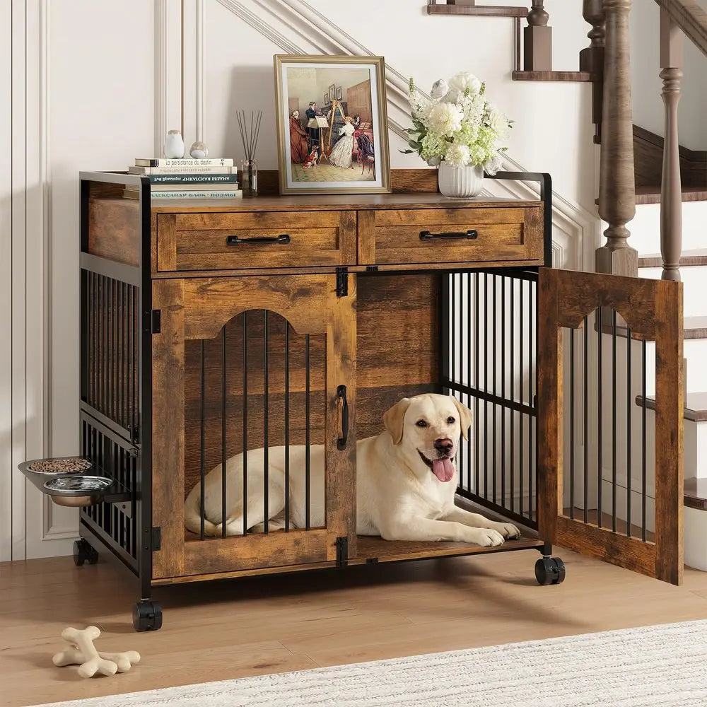 Wooden Dog Crate Furniture End Table With Storage Drawers For Small Dogs
