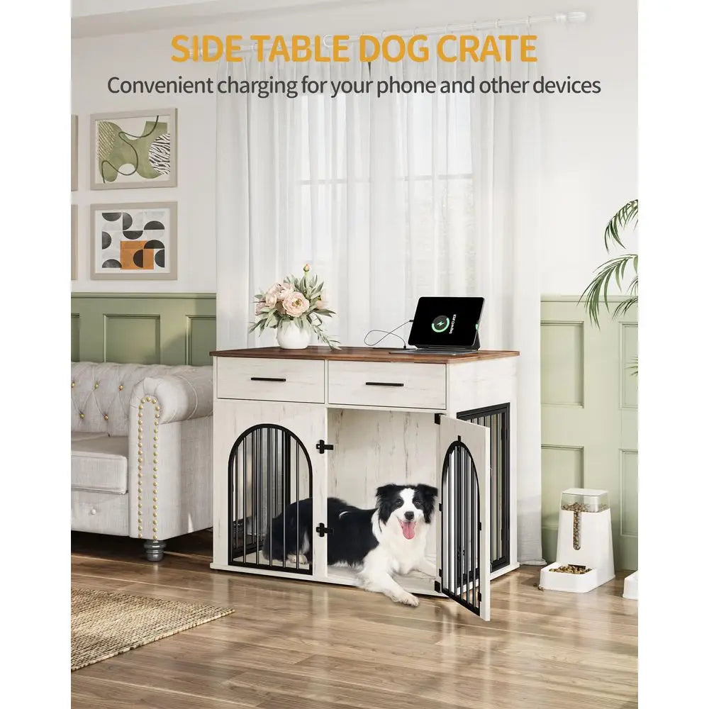 Wooden Dog Crate Furniture With Storage Drawers And Charging Station