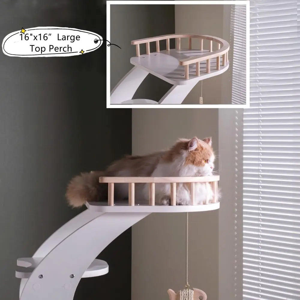 SHENGOCASE ern Stylish 52.4 inches Tall Wooden Cat Tree Tower, Aesthetic Cat Condo Ladder with 5-Level Big Perch Platorm Bed or