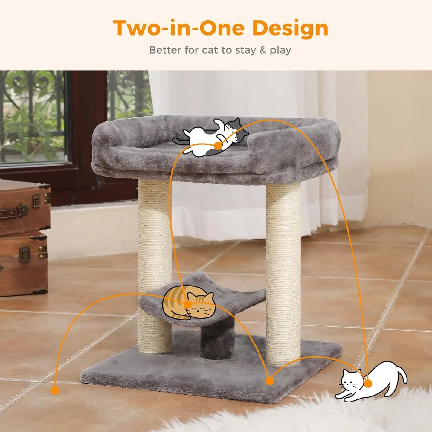 19' Scratching Post, Cat Tree Tower, 100% Natural Sisal Scratcher With Large Plush Top Perch Bed