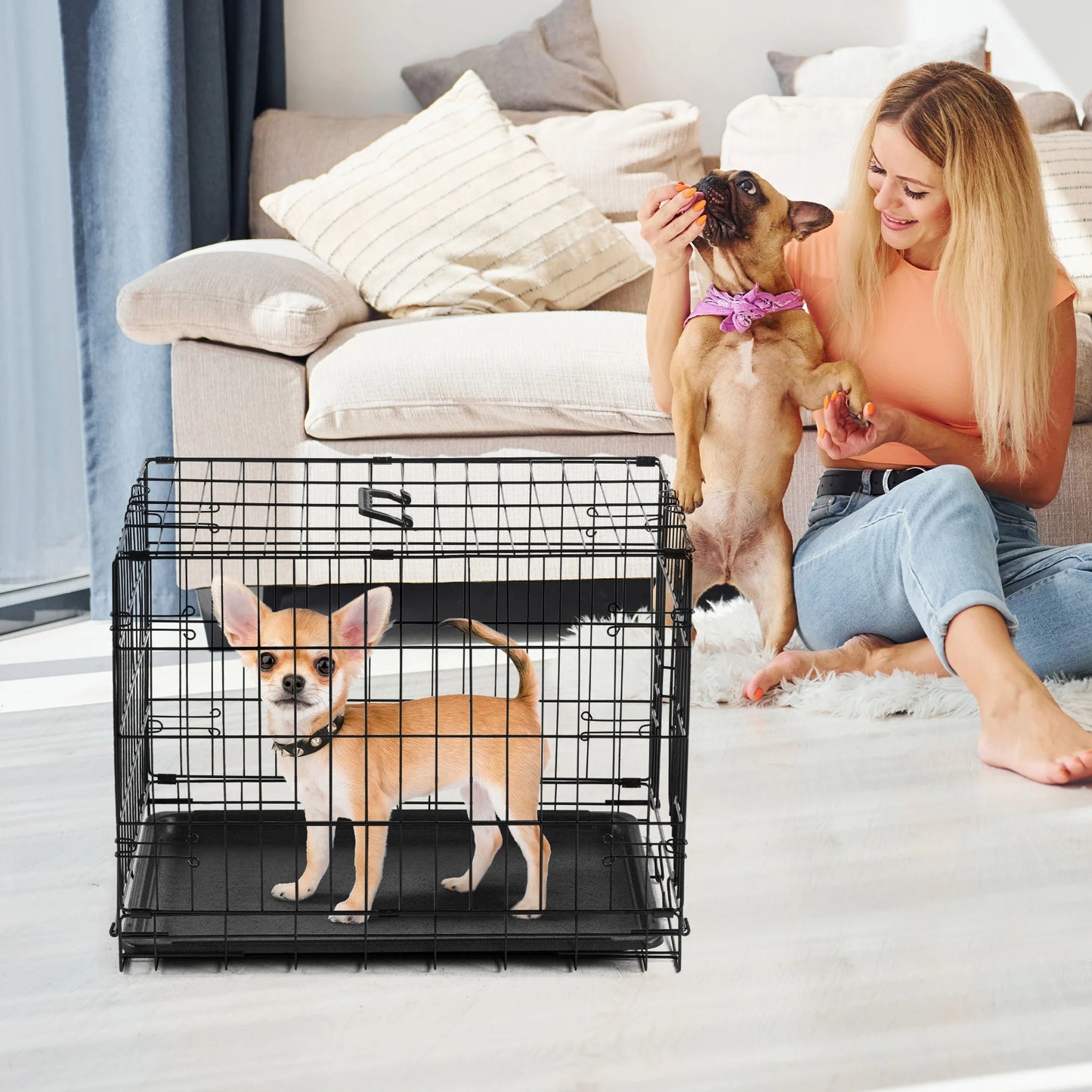 JHK Folding Wire Dog Cage With Leak Proof Pan Tray