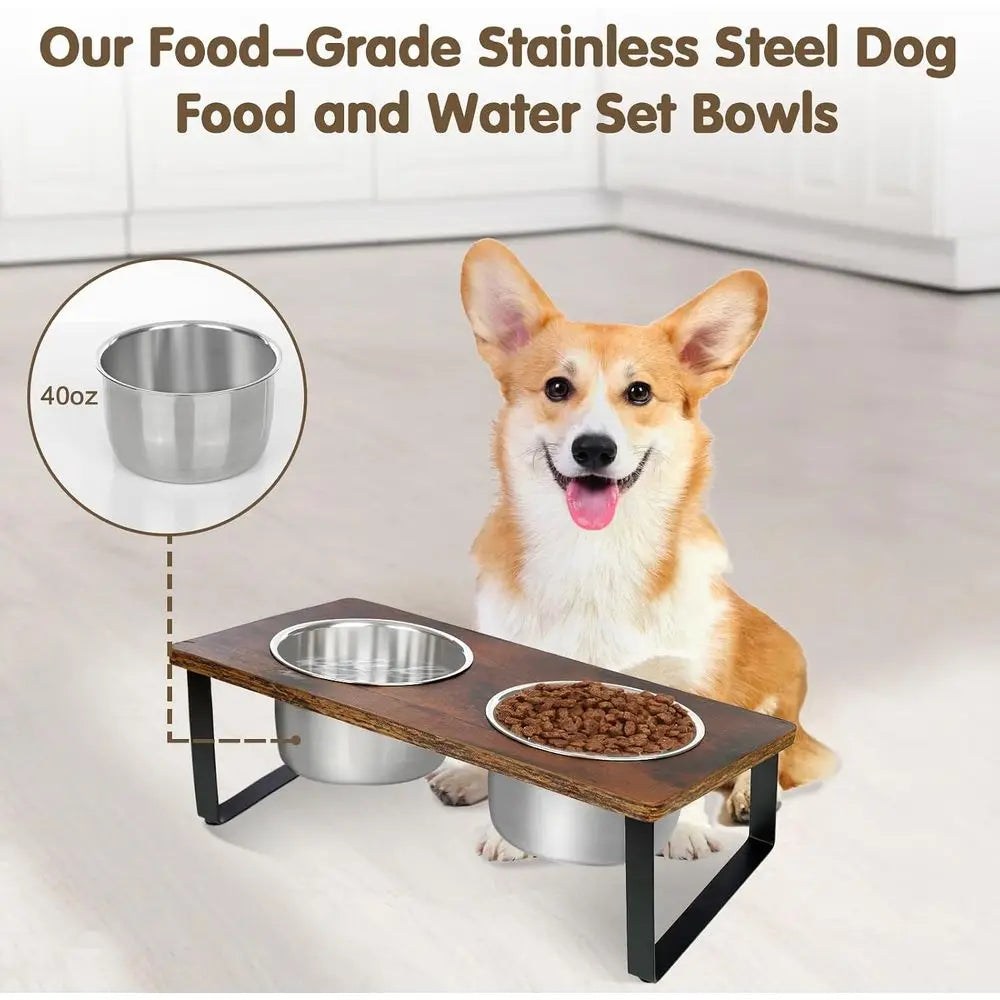 Elevated Wood Dog Feeding Stand Stainless Steel Bowls Anti Vomiting