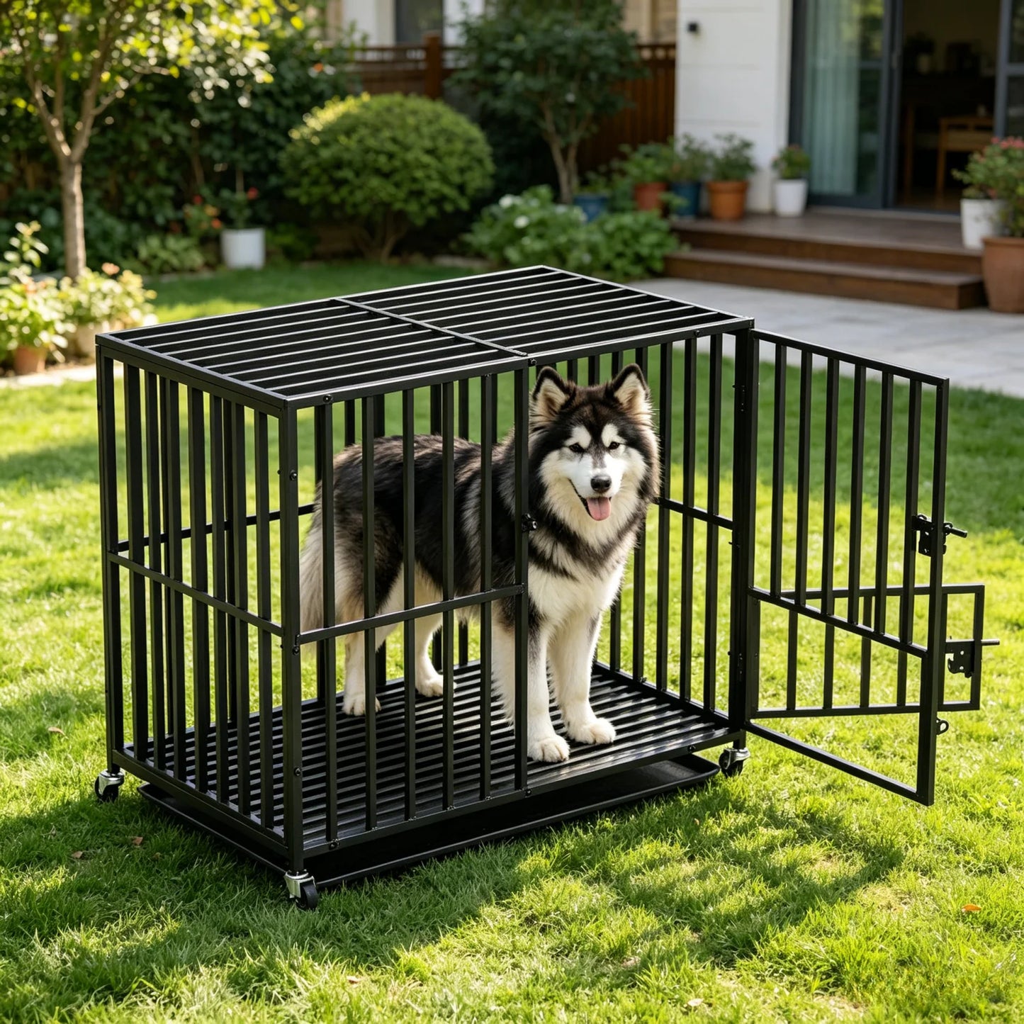 BINGOPAW Heavy Duty Dog Crate With 4 Lockable Wheels And 3 Doors Tray