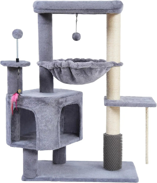 Cat Tree with Cat Condo and Hammock for Indoor Cats, Cat Tree with Self-Grooming Brush and Toy Balls