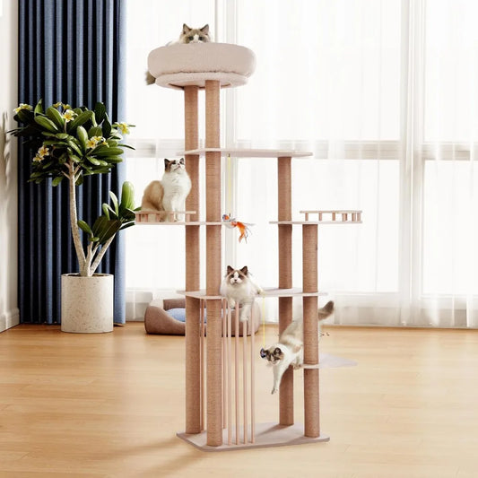 Large Cat Tree, Solid Wood Multi-Level Cat Tower with Scratching Posts, Fun Toys, and Washable Plush Platform for Indoor Cats