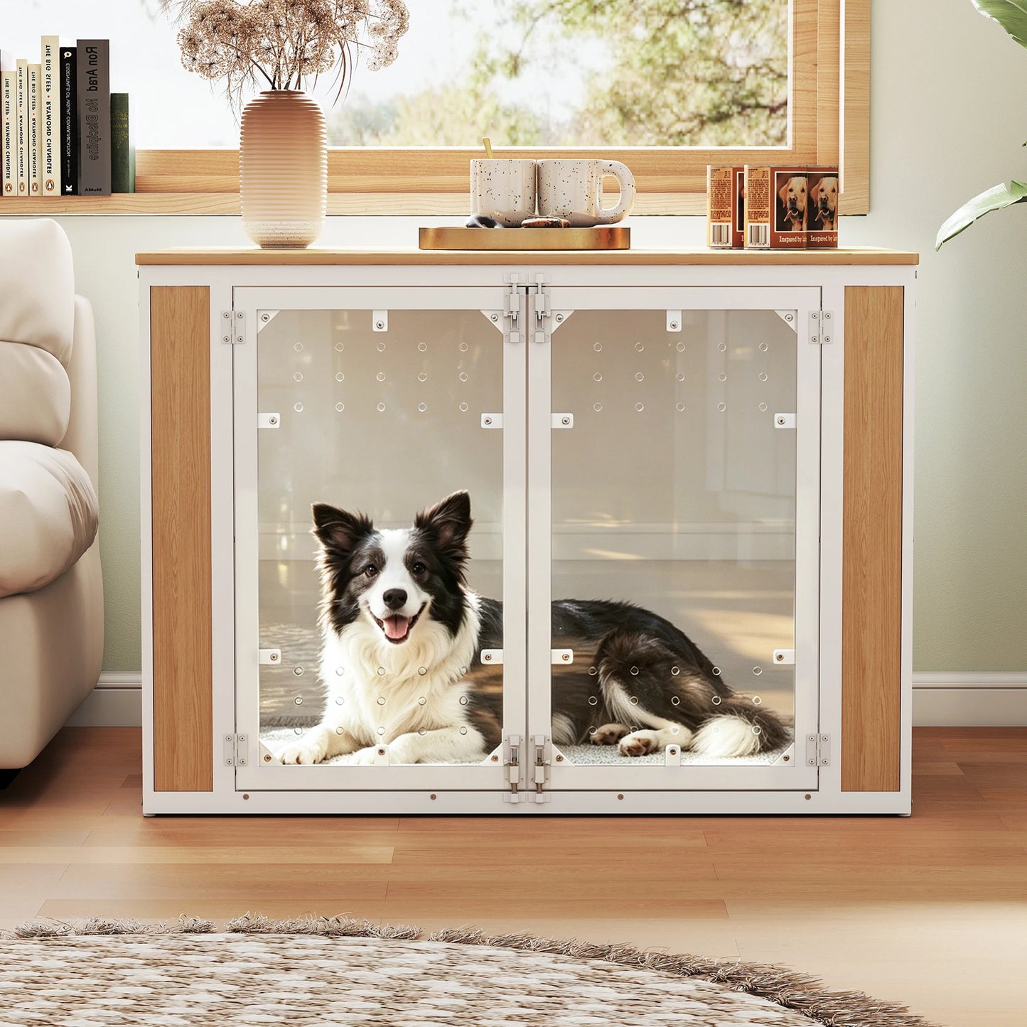 Modern Acrylic Dog Crate Furniture End Table With Wood Top
