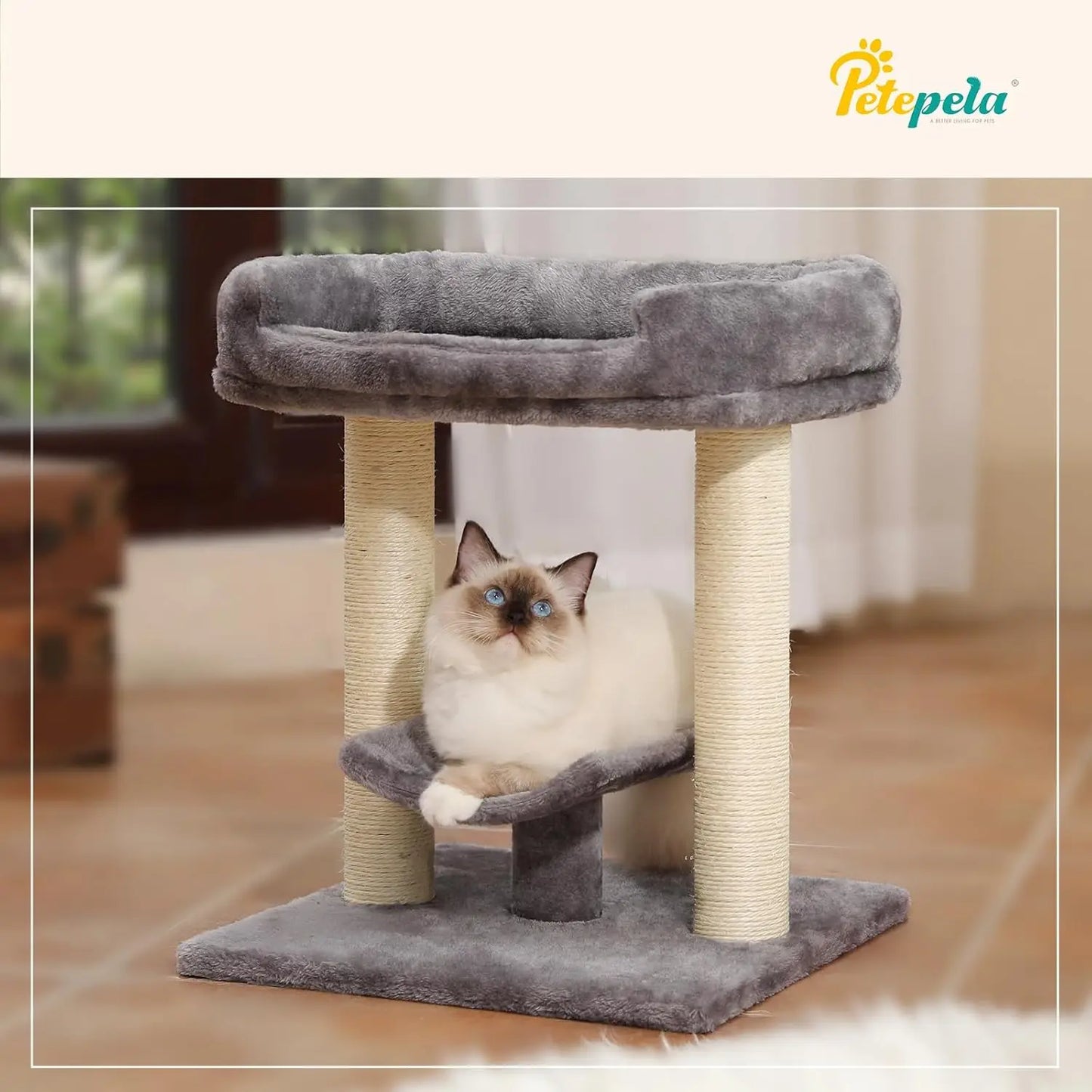 19' Scratching Post, Cat Tree Tower, 100% Natural Sisal Scratcher With Large Plush Top Perch Bed