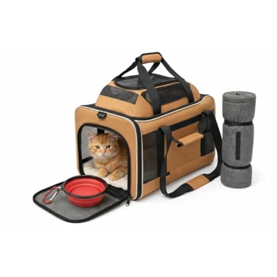 Airline Approved Cat Carrier for 2 Cats Small Medium Dogs Soft Pet Carrier 18x15x15 with Foldable Bowl Washable Pad Orange