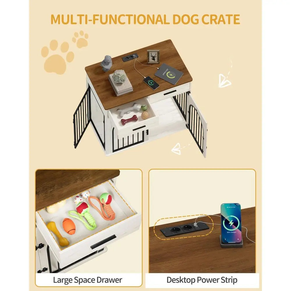 Wooden Dog Crate Furniture With Storage Drawers And Charging Station