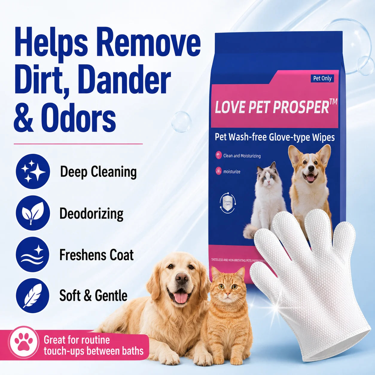 Pet Cleaning Glove Wipes For Dogs And Cats No Rinse