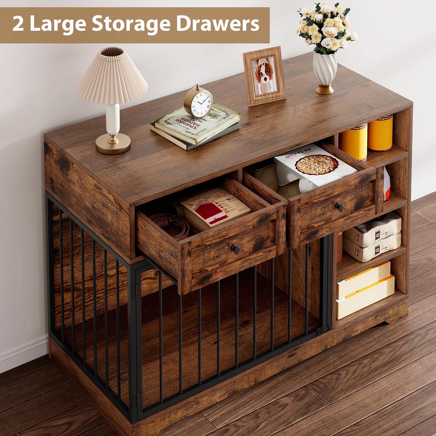 HiMISS Vintage Wooden Dog Crate Furniture TV Stand With Drawers