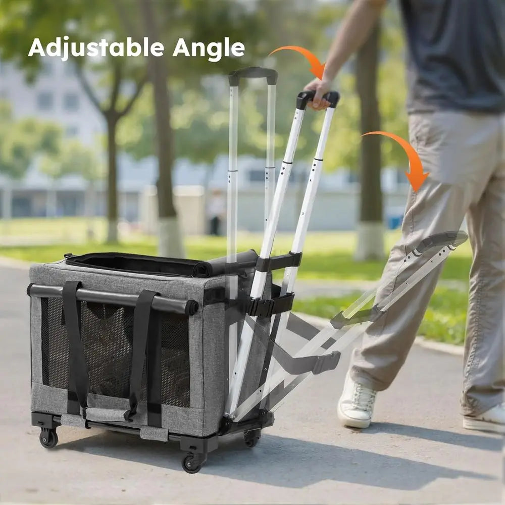 Cat Carrier with Wheels,Steel Wire Frame Cat Carrier, Stable Pet Trolley Bag for Cats, Pet Handbag and Stroller Bag, Portable Ca