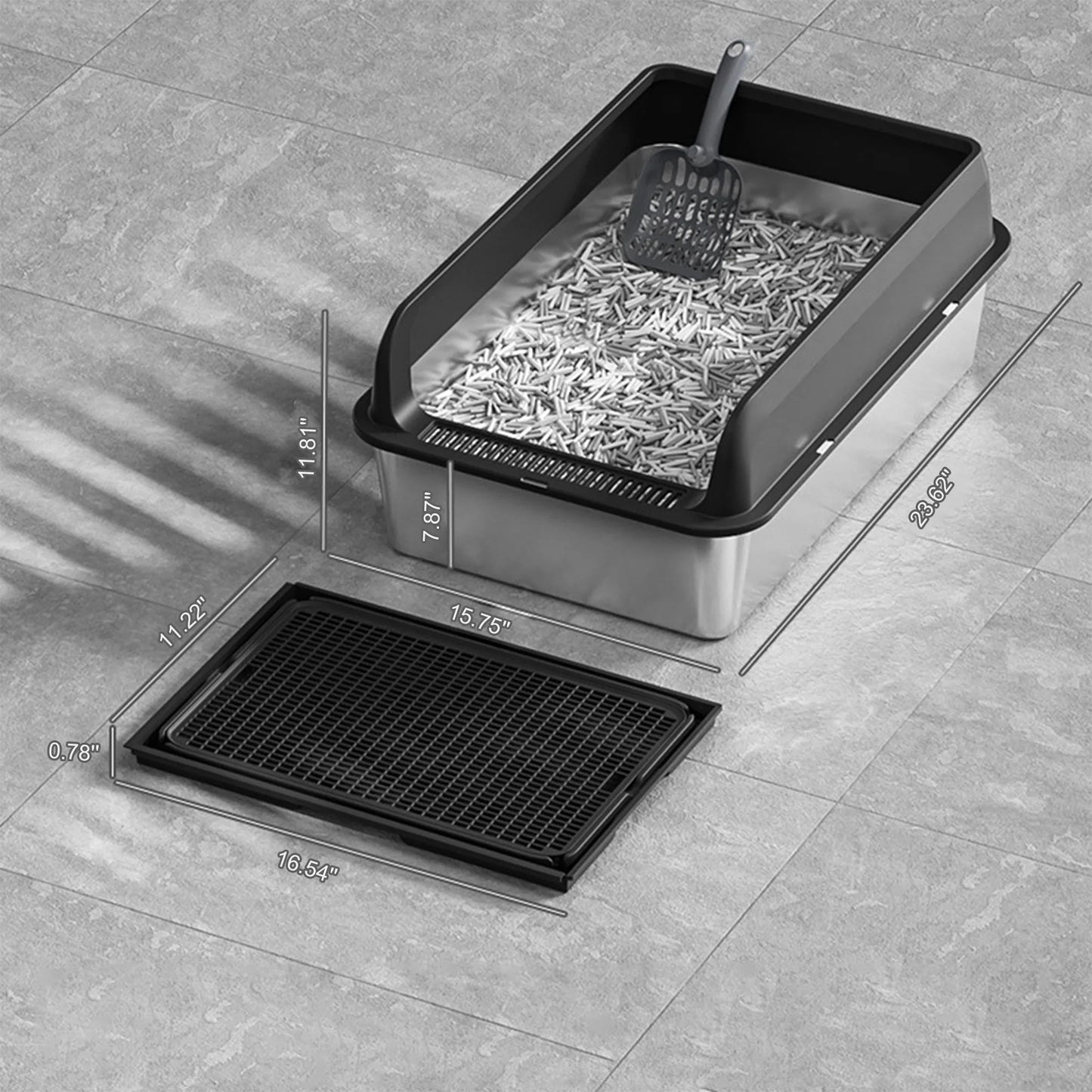 TWISTER.CK Stainless Steel Cat Litter Box With Lid High Sides For Big Cats