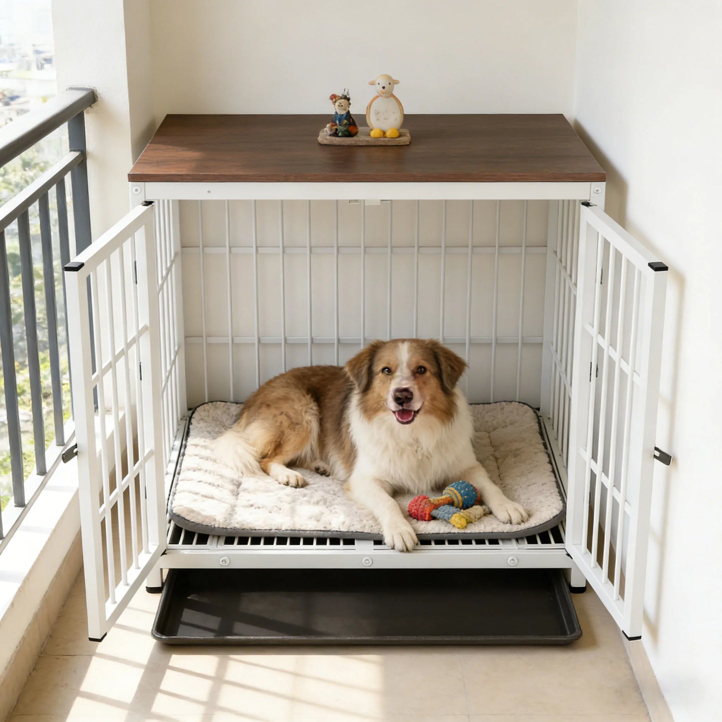 BINGOPAW Wooden Dog Crate Kennel Table With Three Doors Removable Tray